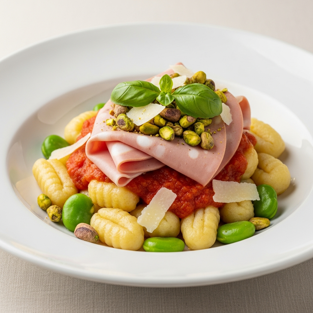 Gnocchi di patate e fave con mortadella e pistacchi