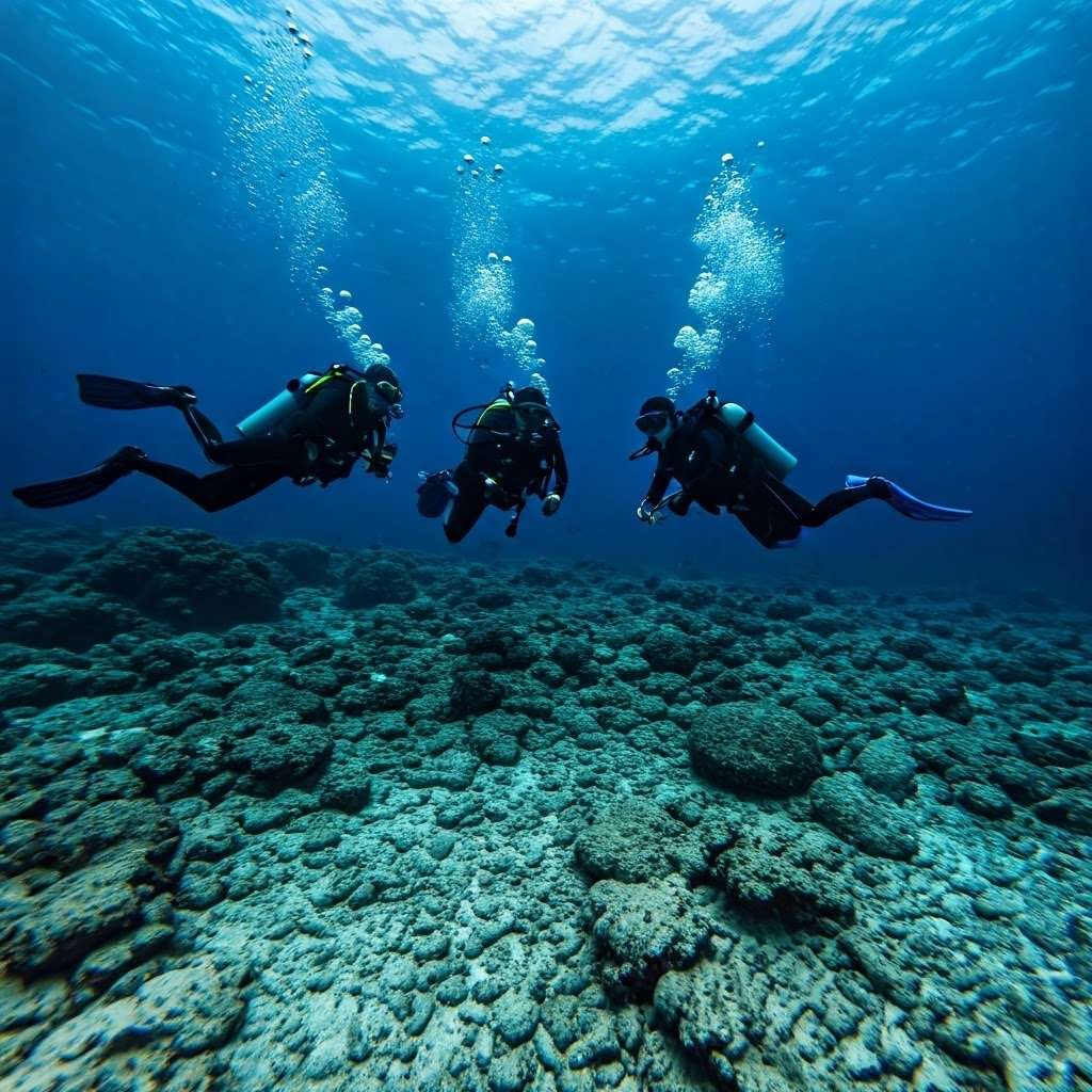 a group of scuba divers exploring a reef