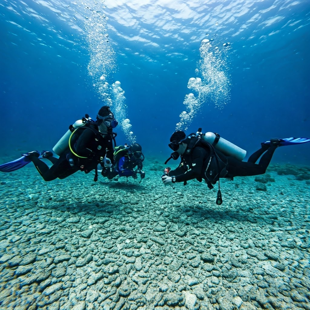 a group of scuba divers exploring a reef