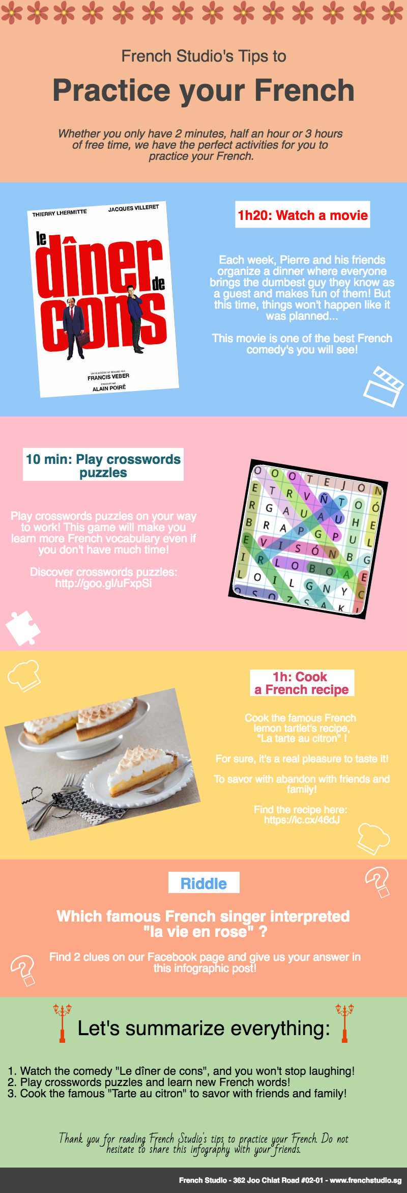 Infographic with French Studio tips to practise French in Singapore