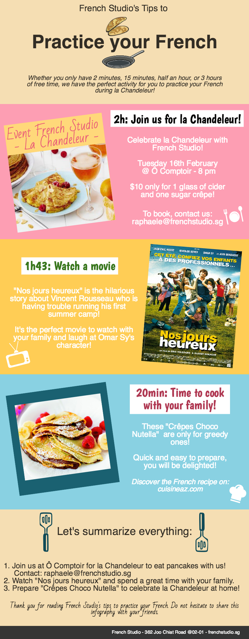 Infographic with French practice ideas for La Chandeleur