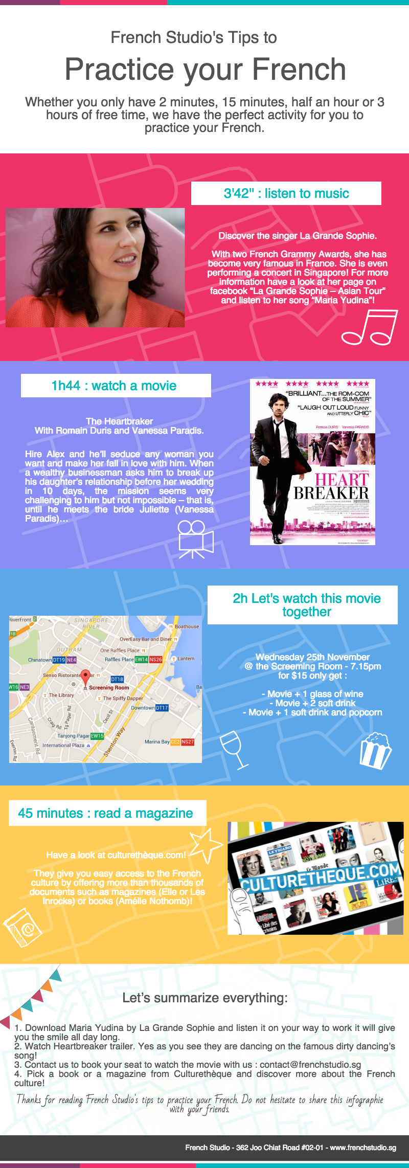 Infographic with French Studio tips to practise French
