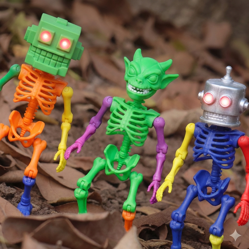 Set of 3 Multi-Colored Skeleton Action Figures with Light-Up Eyes - Robot & Goblin Monster Toy Collection