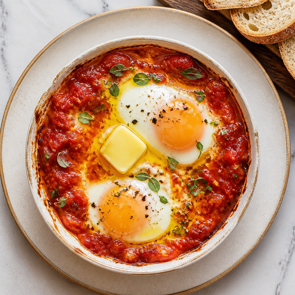 Cheesy Baked Eggs with Tomato Butter Glaze