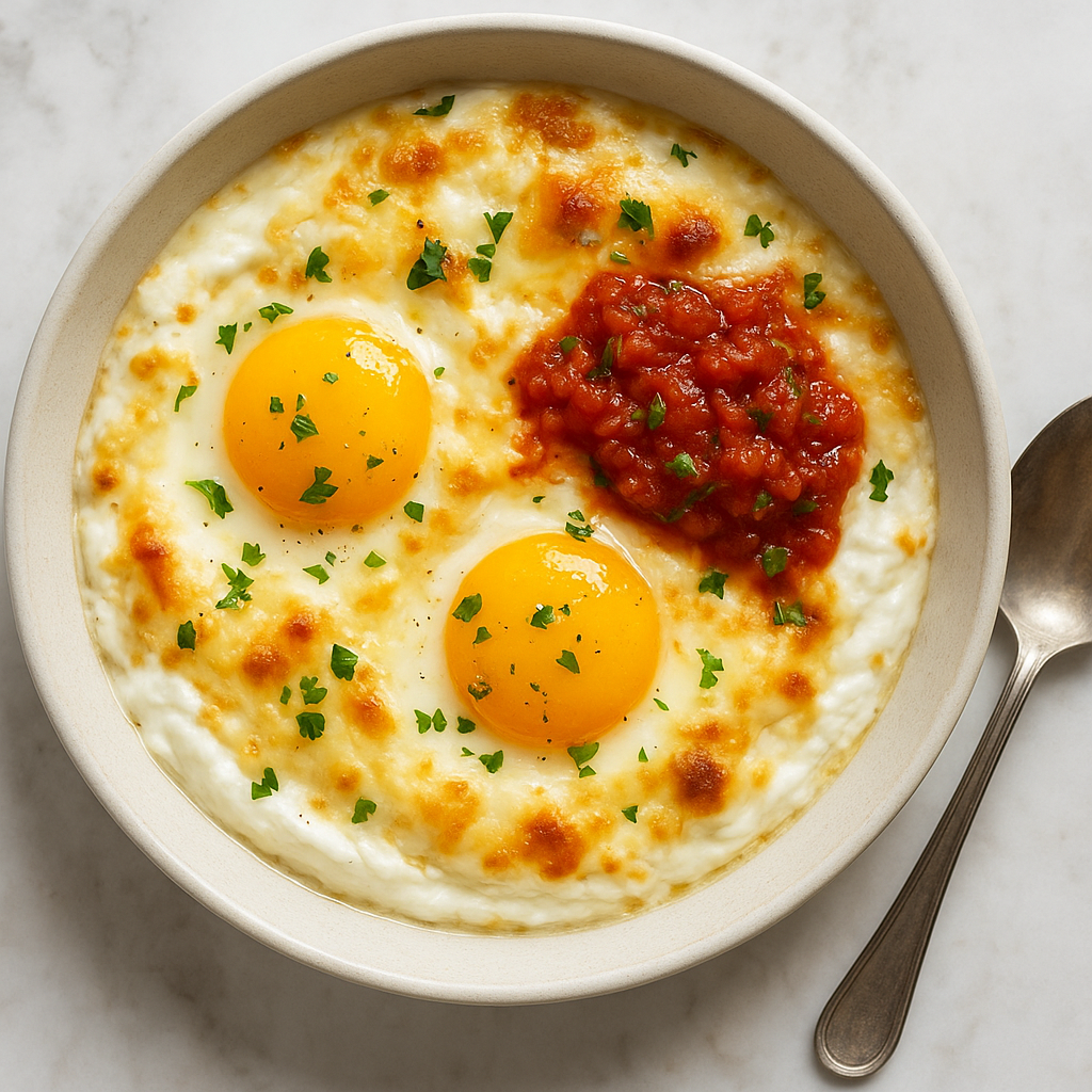 Creamy Cheesy Baked Eggs with Salsa