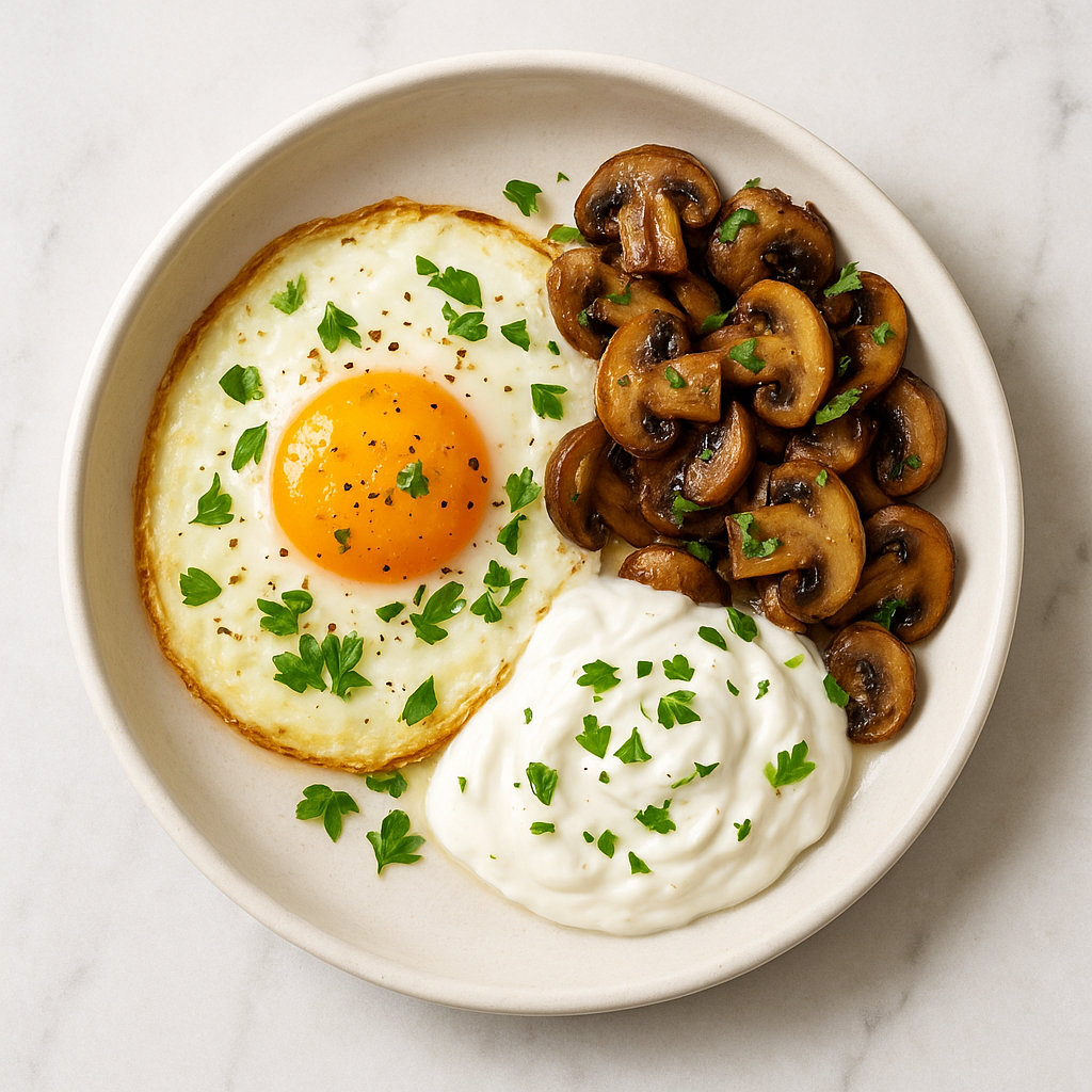 Baked Eggs with Mushroom and Yoghurt Sauce