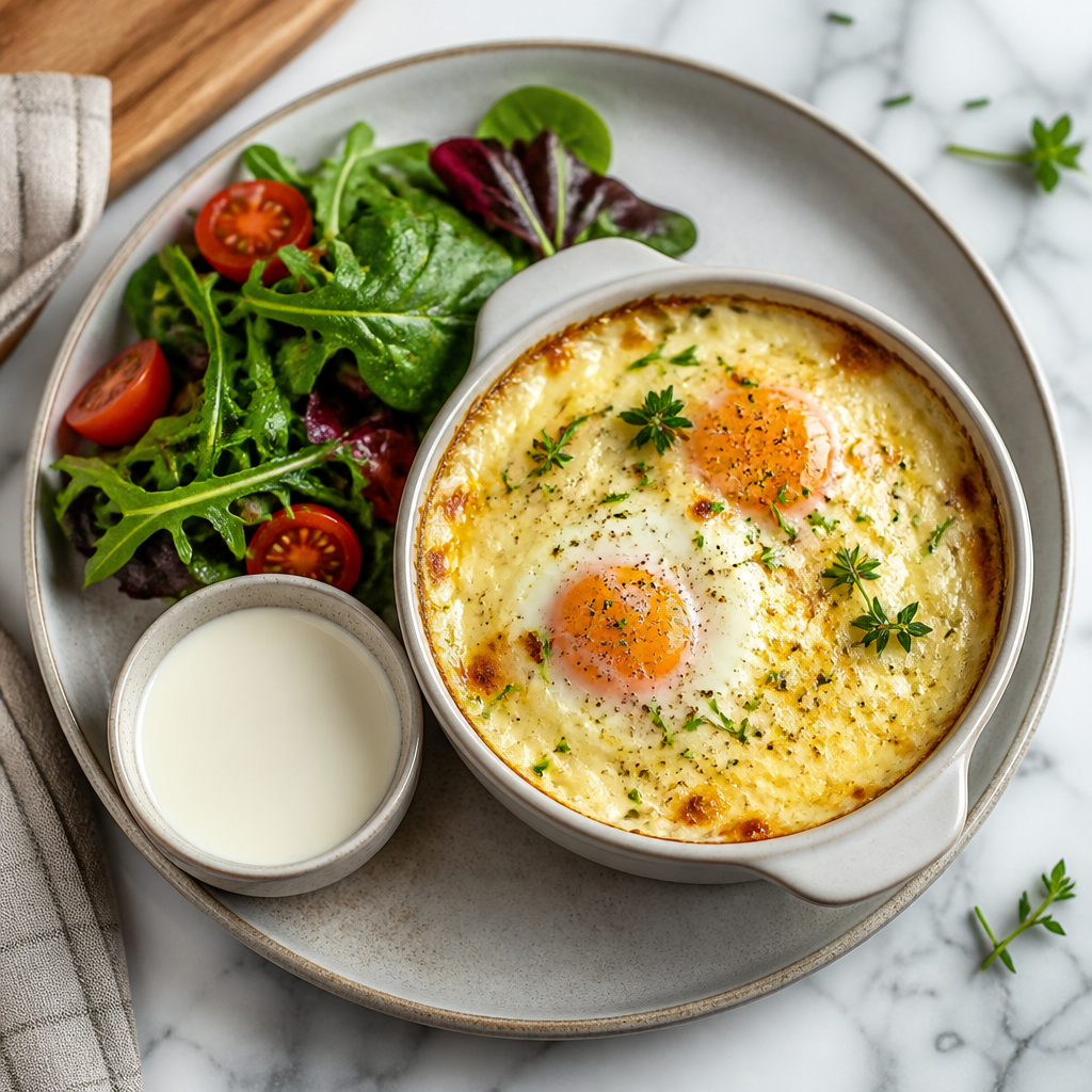 Cheesy Baked Eggs with Wilted Salad
