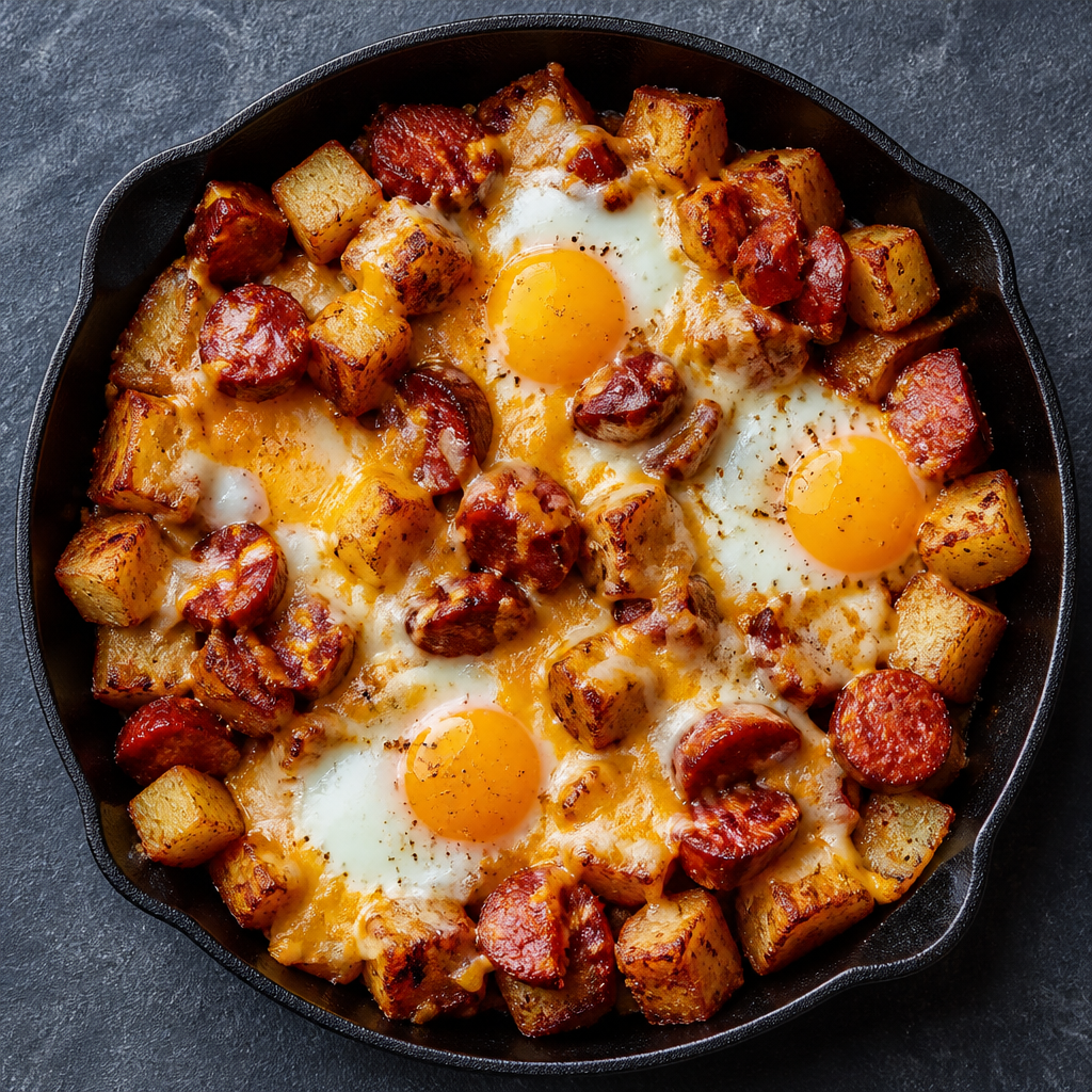 Chorizo Breakfast Hash with Melted Cheese