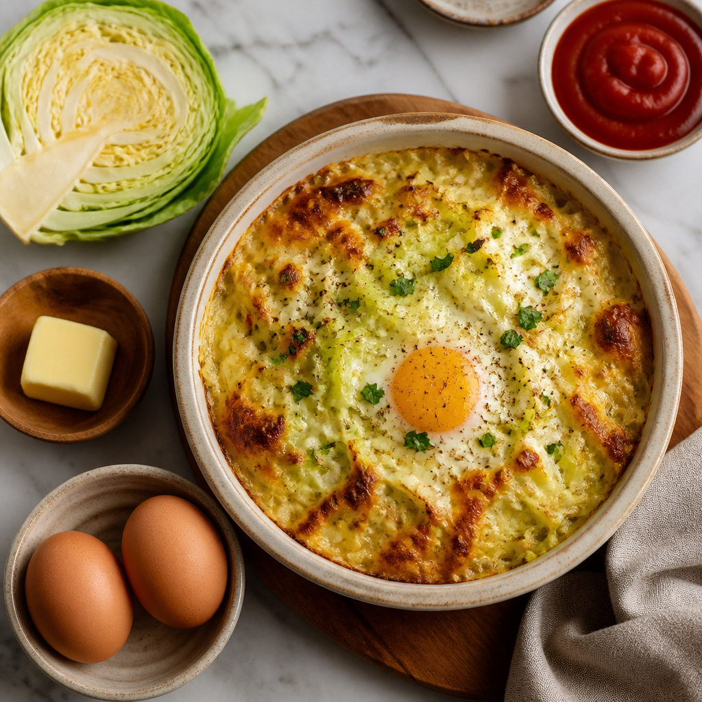 Ketchup-Glazed Cabbage and Egg Gratin