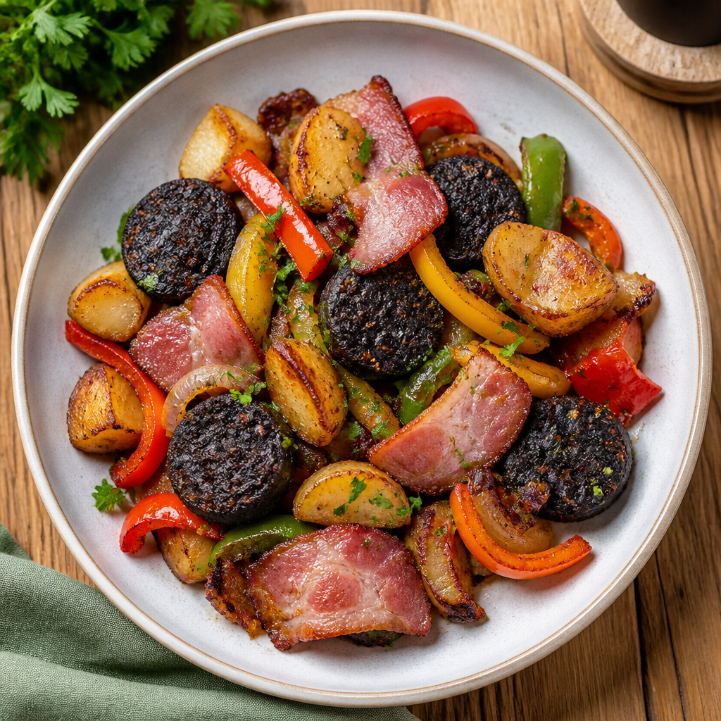 Black Pudding, Bacon and Pepper Hash