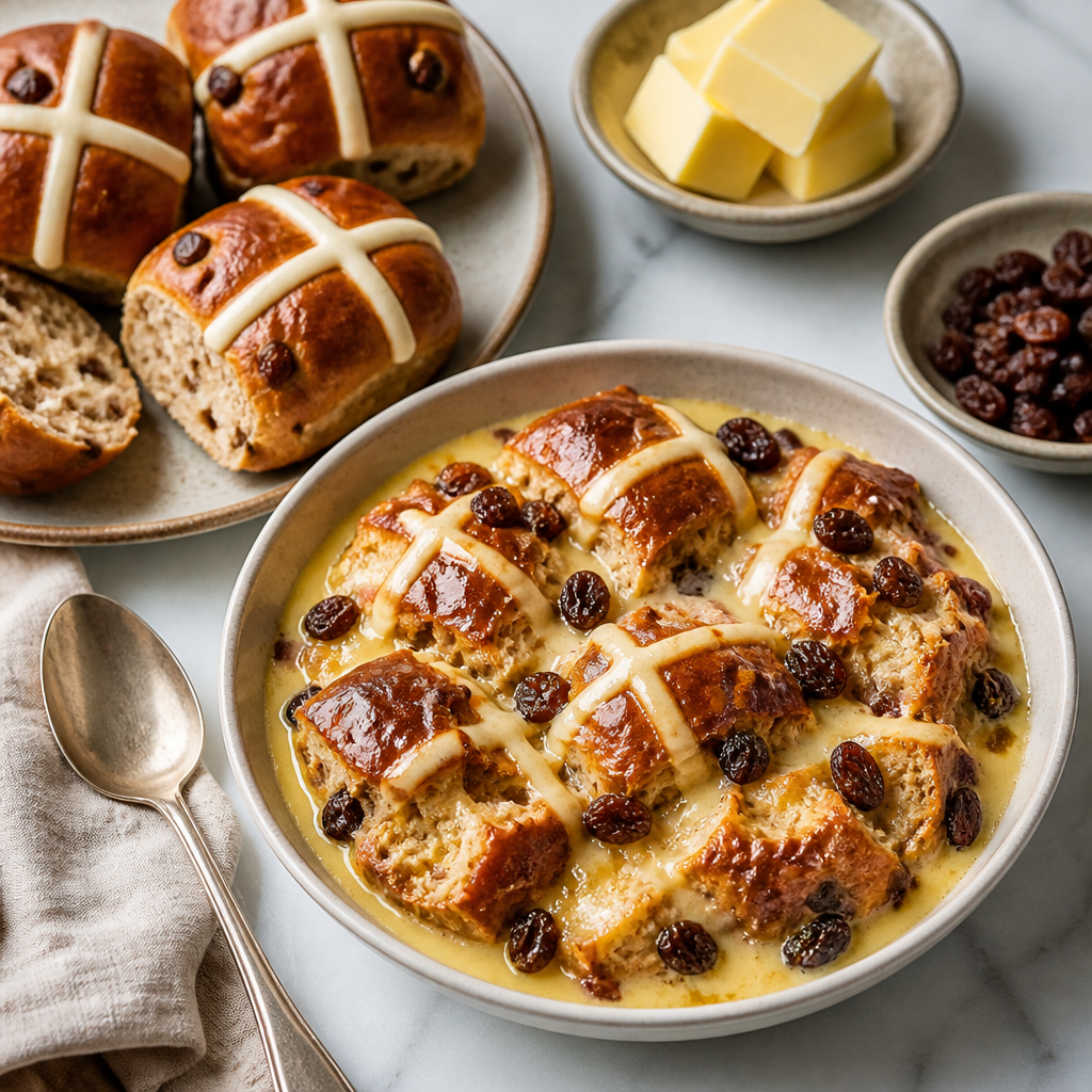 Hot Cross Bun Bread and Butter Pudding