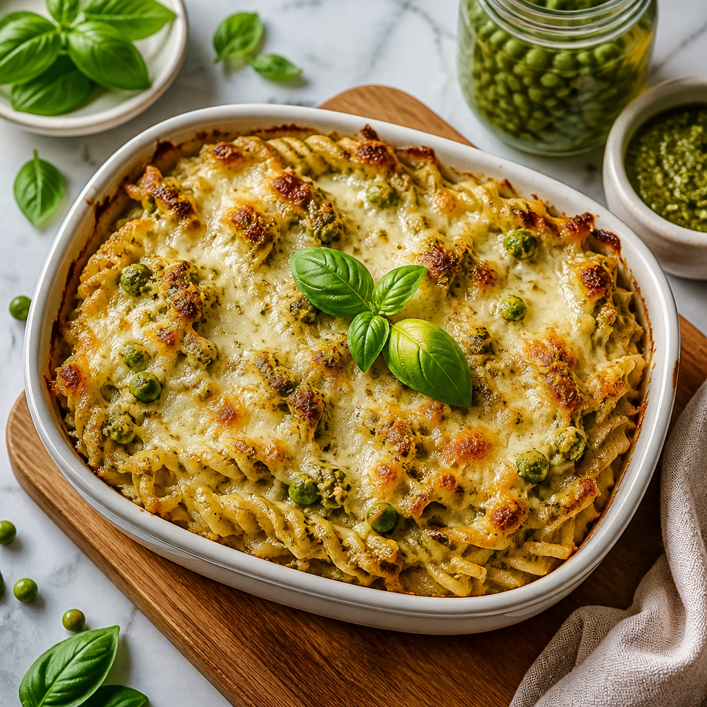 Cheesy Pesto Pasta Bake with Peas