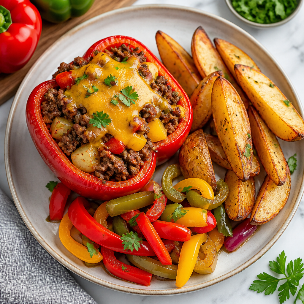 Minced Beef Stuffed Peppers with Potato Wedges
