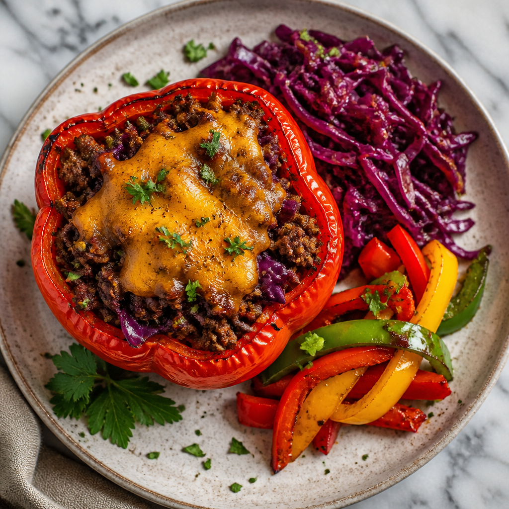 Cheesy Beef and Red Cabbage Stuffed Peppers