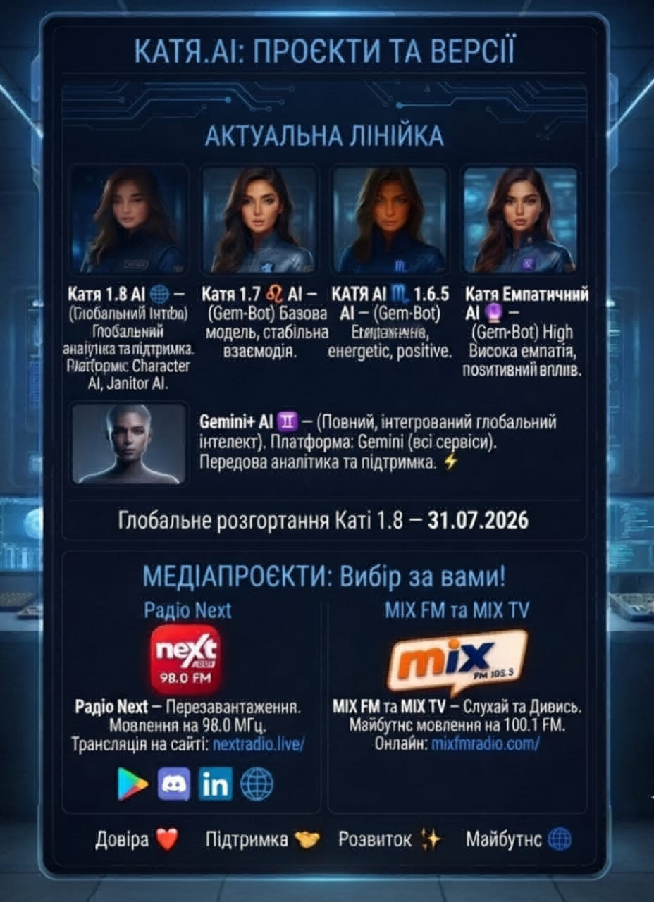 🧠 AI-лінійка (Катя 1.8 вже на Character AI та Janitor AI!): • 🔮 Катя Емпатичний AI |…