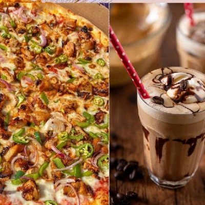 chicken pizza+ cold coffee 