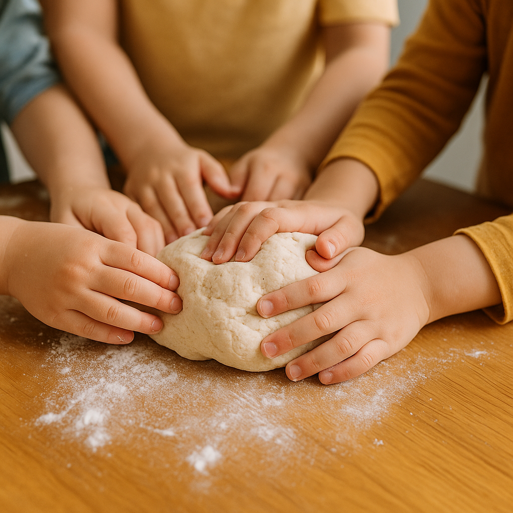 Børnehænder der ælter en klump trylledej på et bord