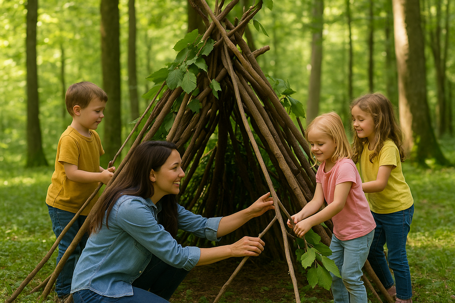 Børn der bygger en hule af grene og blade i skoven