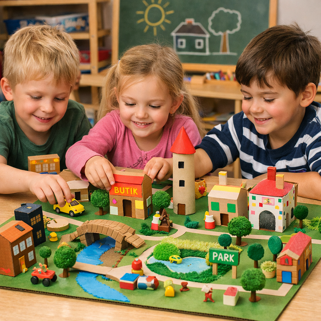 Børn bygger en lille by af papkasser og genbrugsmaterialer ved et bord.