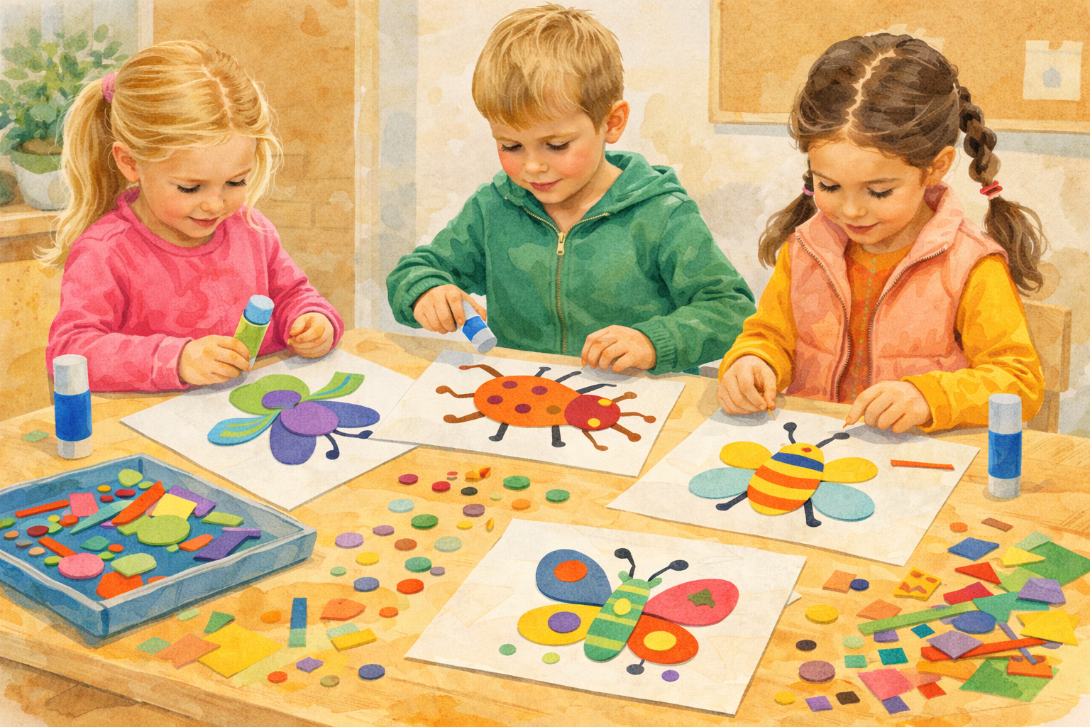 Farvede papirdele og færdige papir-insekter lagt frem på et bord