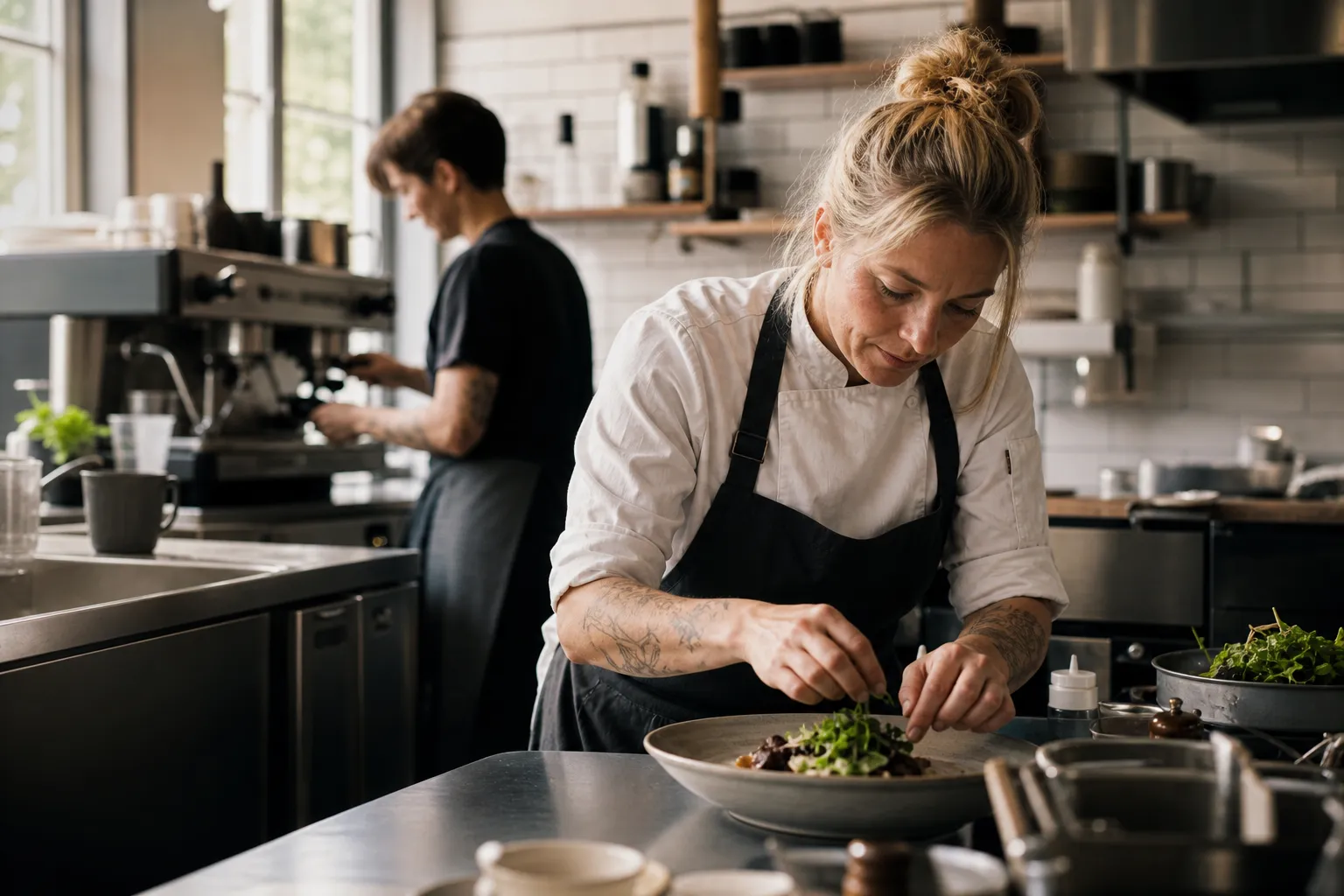 Kock lägger upp en rätt i ett litet restaurangkök