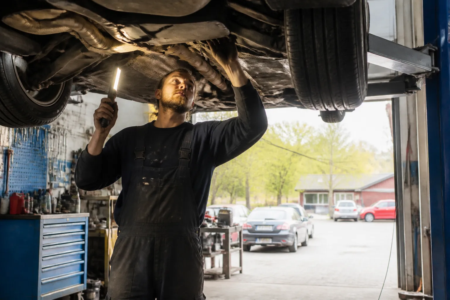 Mekaniker under en lyft bil i en verkstad