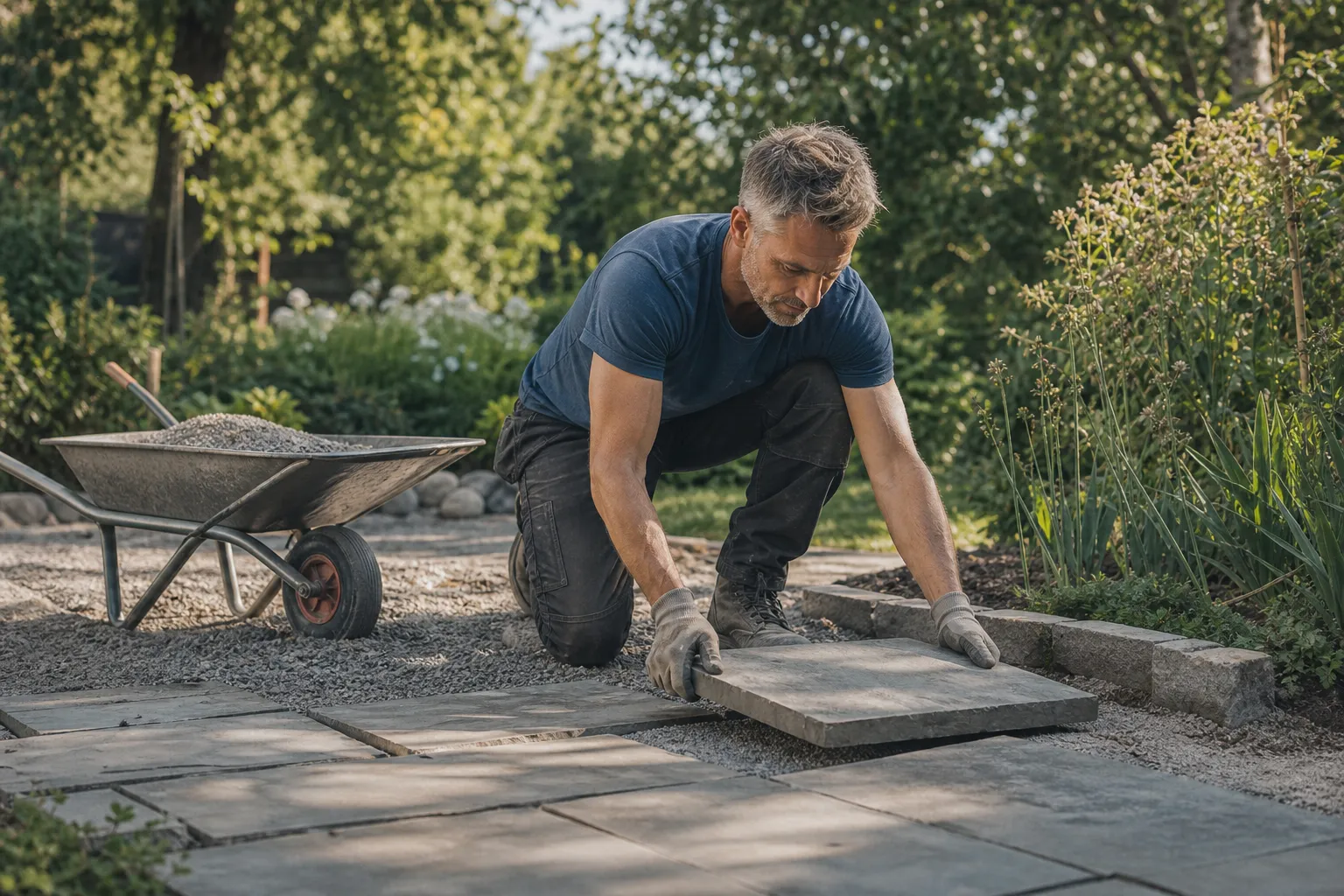 Anläggare lägger stenplattor i en trädgårdsgång