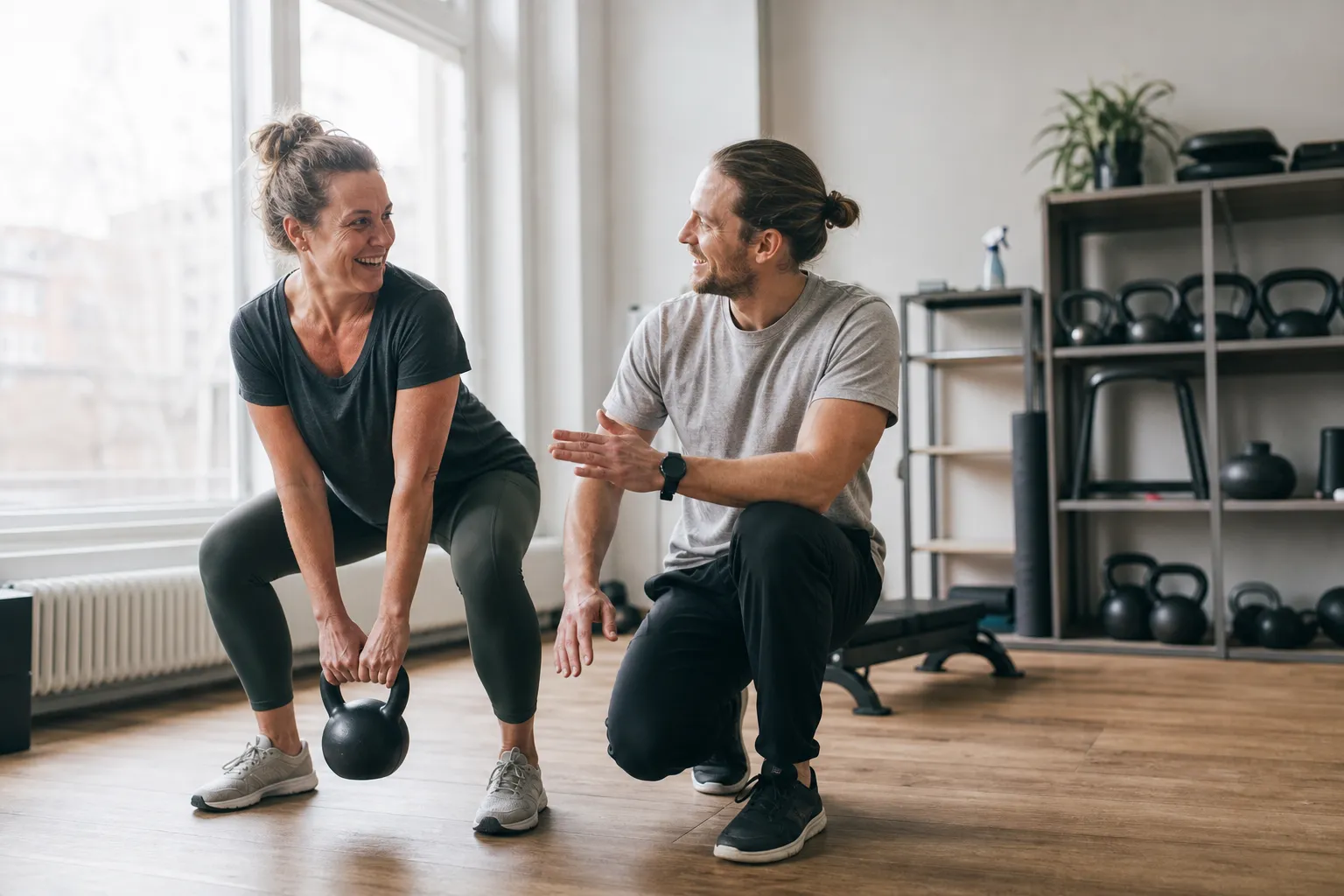 Personlig tränare instruerar en kund med kettlebells