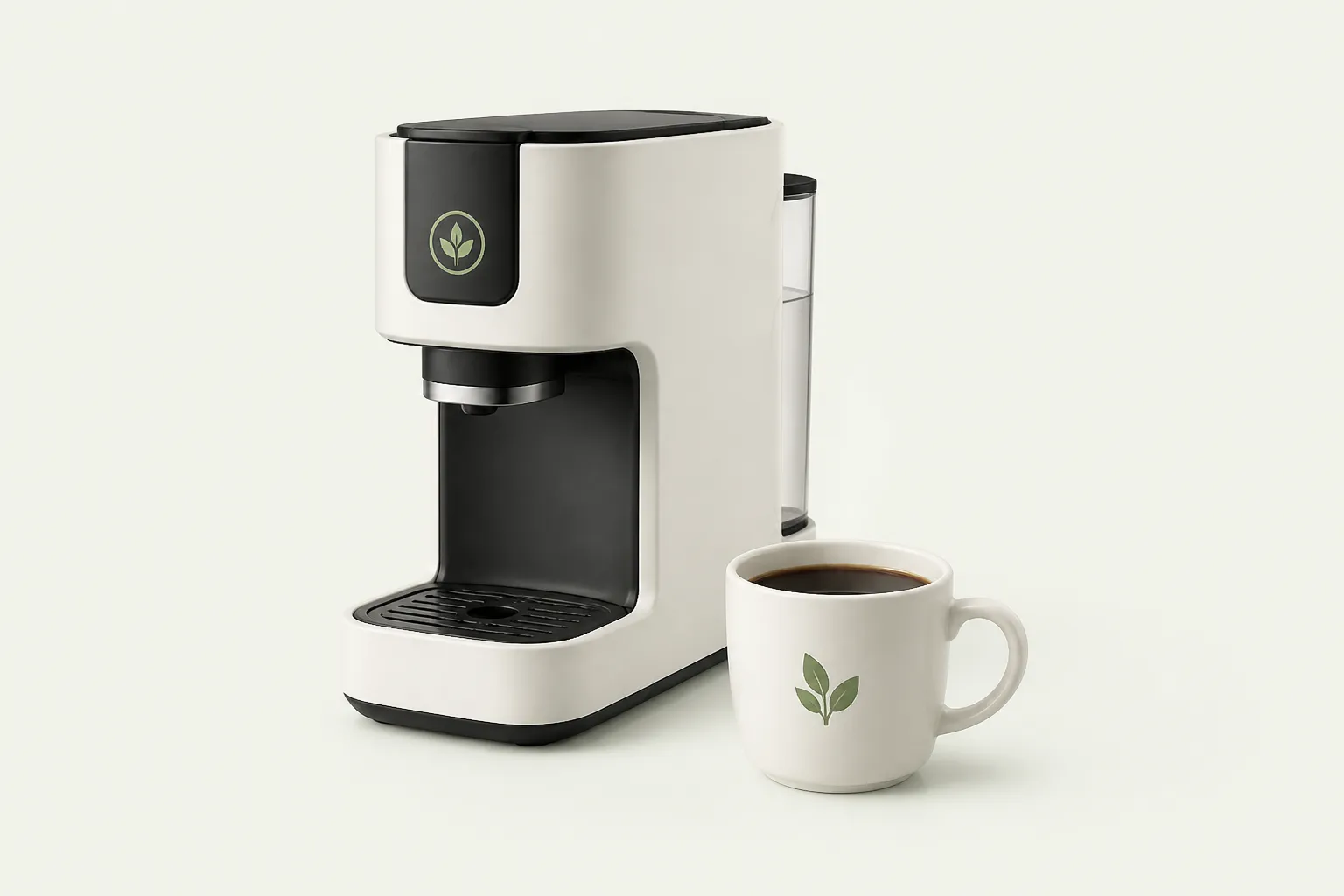 Kaffemaskin med en nybryggd kopp bredvid