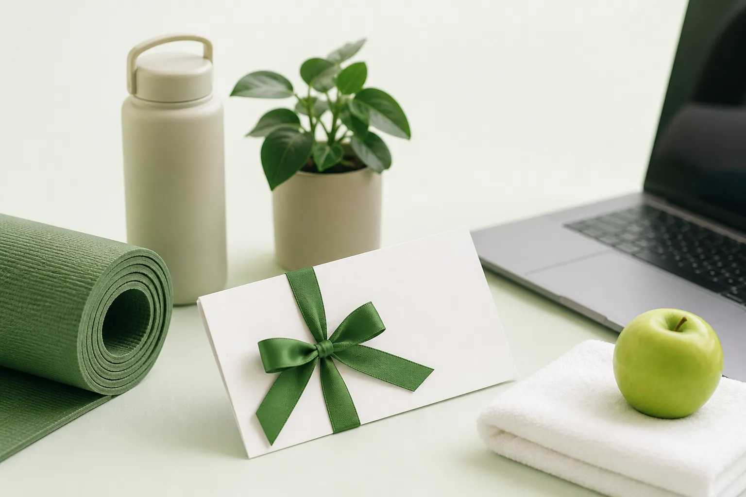 Presentkort med grönt band bredvid yogamatta, vattenflaska och äpple