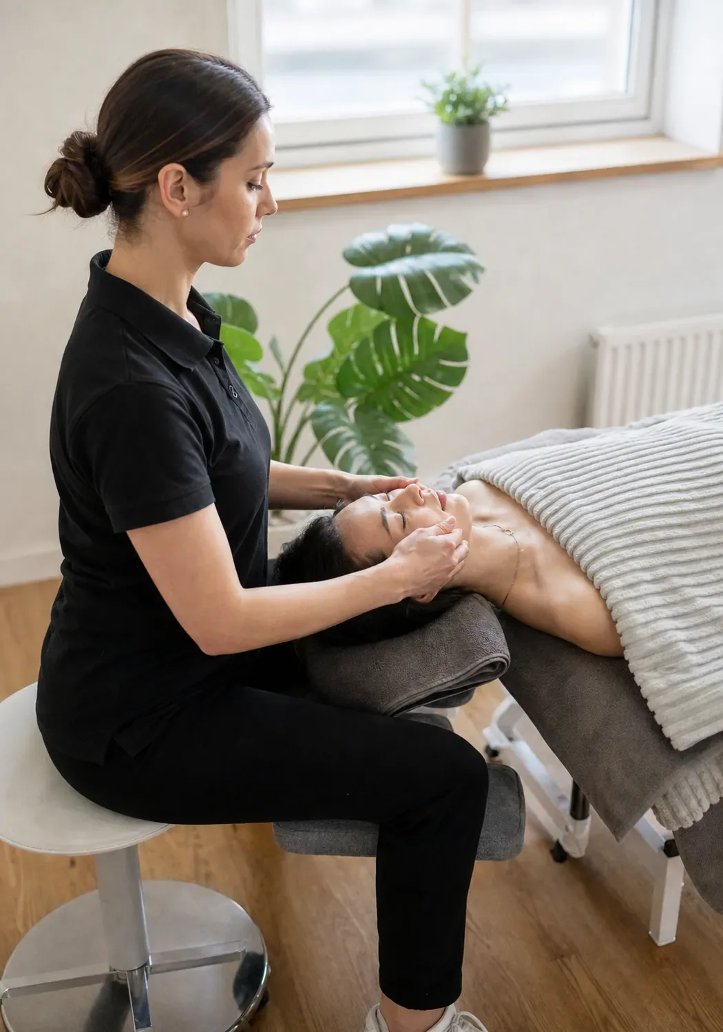 Terapeut ger ansiktsmassage till en kvinna på behandlingsbritsen