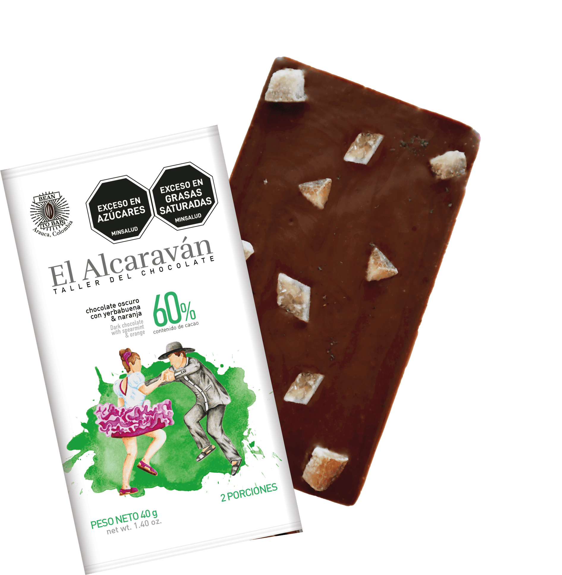 Barra de chocolate 60% naranja y yerbabuena x40 g