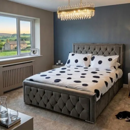 Hilton Luxury Grey Velvet Double Chesterfield Bed with Mattress - Beds furniture in UK