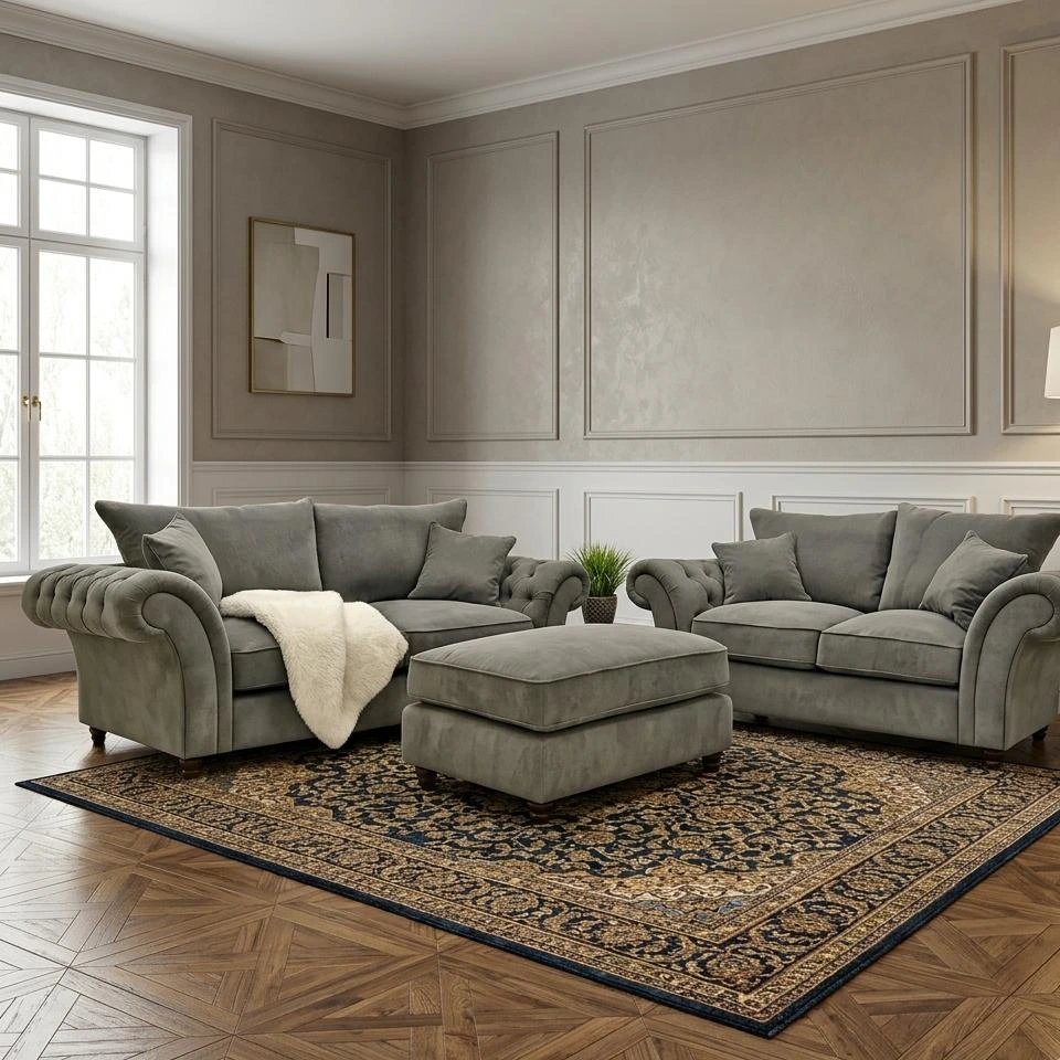Nicole 3 and 2 Seater Sofa Set with Matching Footstool – Premium Grey Plush Velvet - Sofas furniture in UK