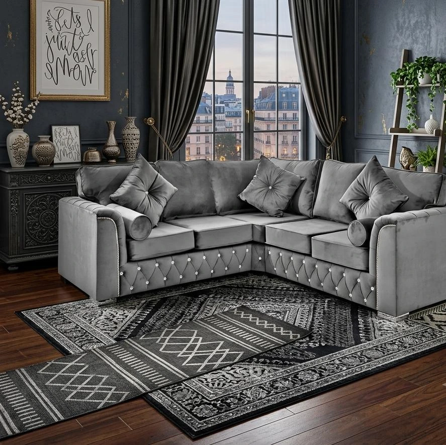Malibu Luxury Grey Plush Velvet Corner Highback Sofa - Sofas furniture in UK
