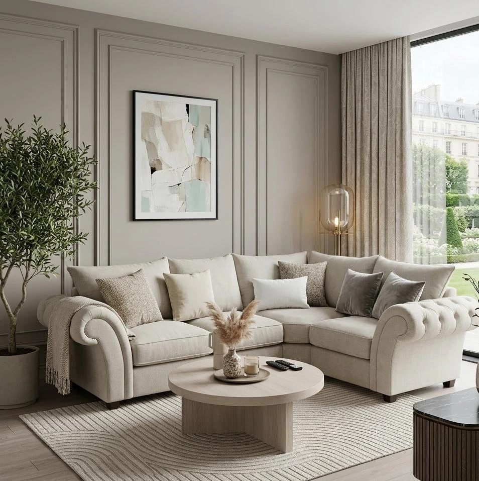Nicole 4 Seater Right Hand Facing L Shape Sofa – Premium Cream Plush Velvet - Sofas furniture in UK
