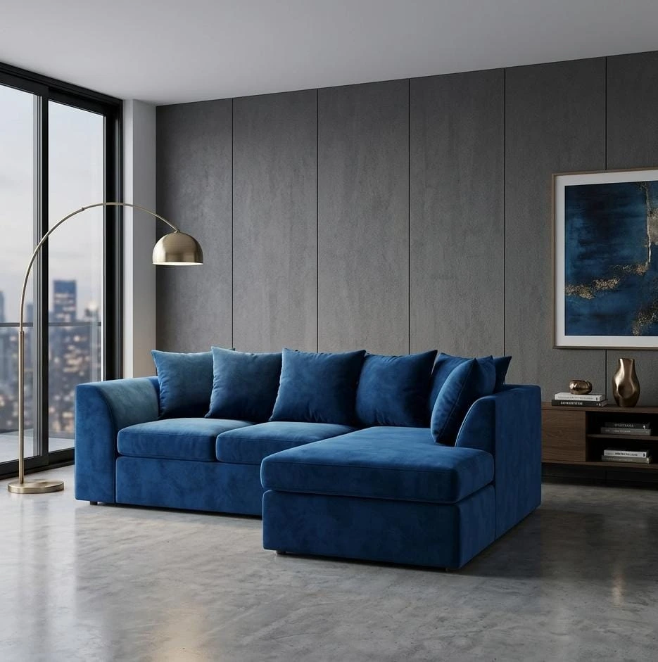 Dylan Blue Velvet 4 Seater Right Arm Corner Sofa - Sofas furniture in UK
