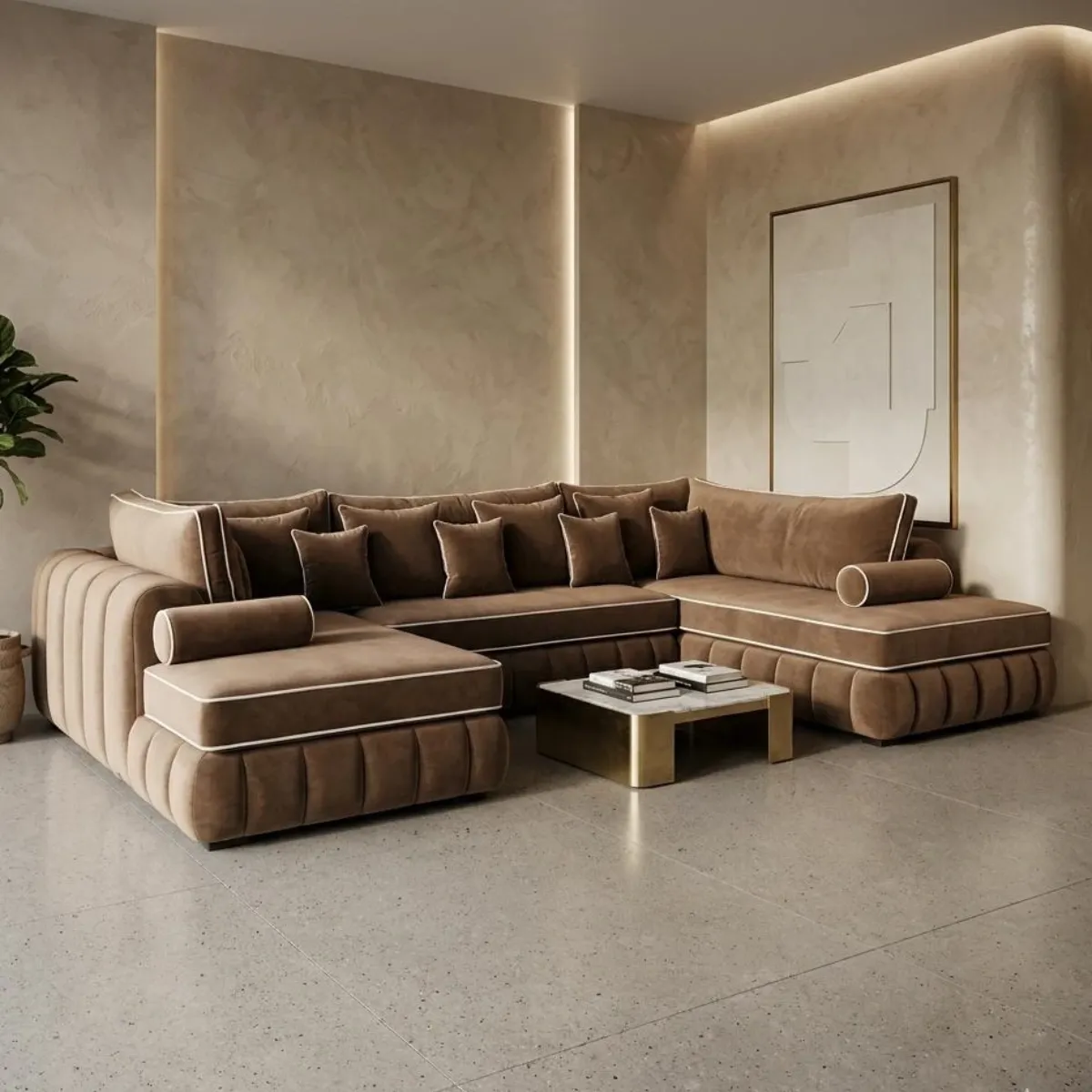 Lilly Brown U-Shaped Sectional Sofa Set | Luxury Velvet Living Room Couch - Sofas furniture in UK