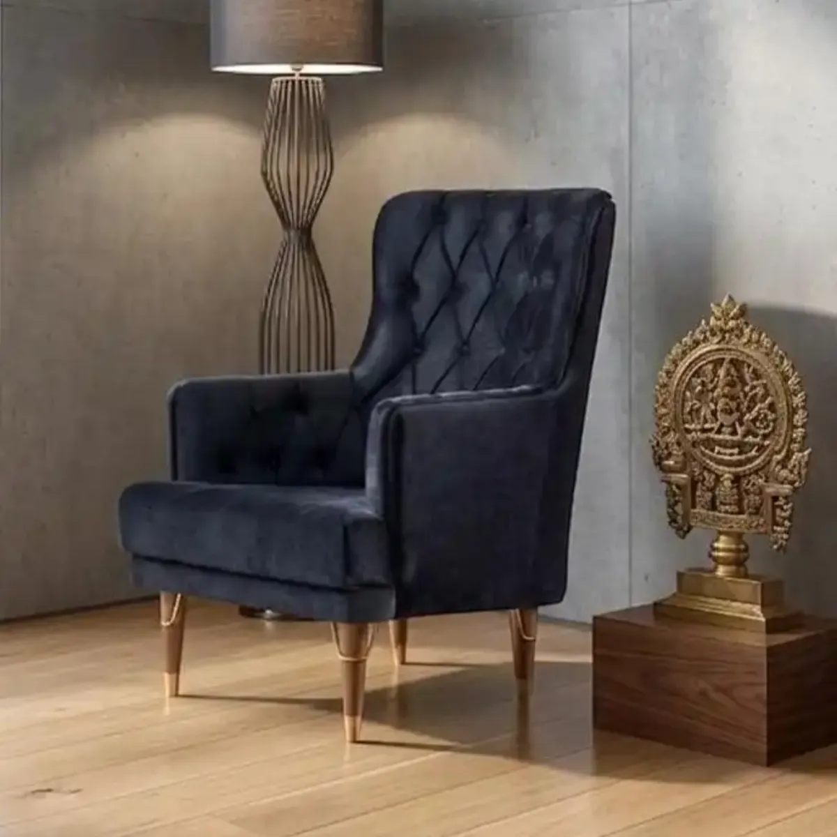 Melisa Black Velvet Armchair with Wooden Legs | Sofas | UK