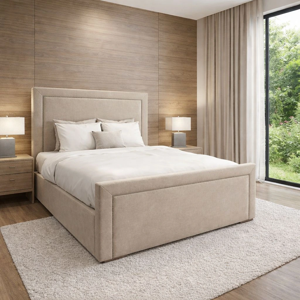 Chelsea Luxury Beige Upholstered Double Bed with Mattress Set - Beds furniture in UK