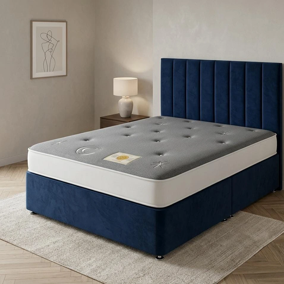 Double Navy Blue Plush Velvet Divan Bed Set with Premium Mattress and Headboard - Beds furniture in UK