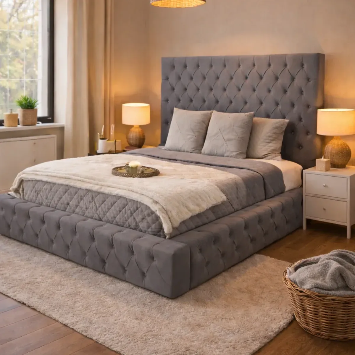 KING-SIZE Ambassador Bed with Mattress – Luxury Upholstered Bed Frame with Deep Buttoned Headboard – Double/King Size - Beds furniture in UK