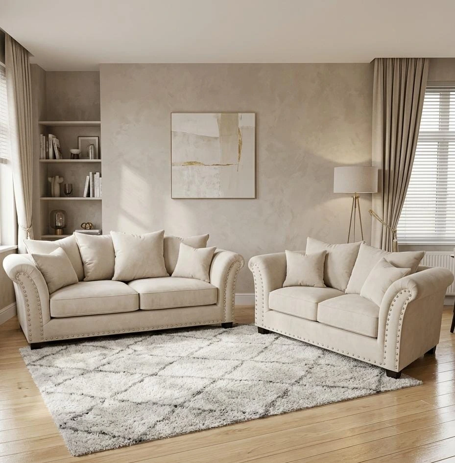 Harrison Chesterfield Cream Plush Velvet 3 and 2 Seater Sofa Set - Sofas furniture in UK