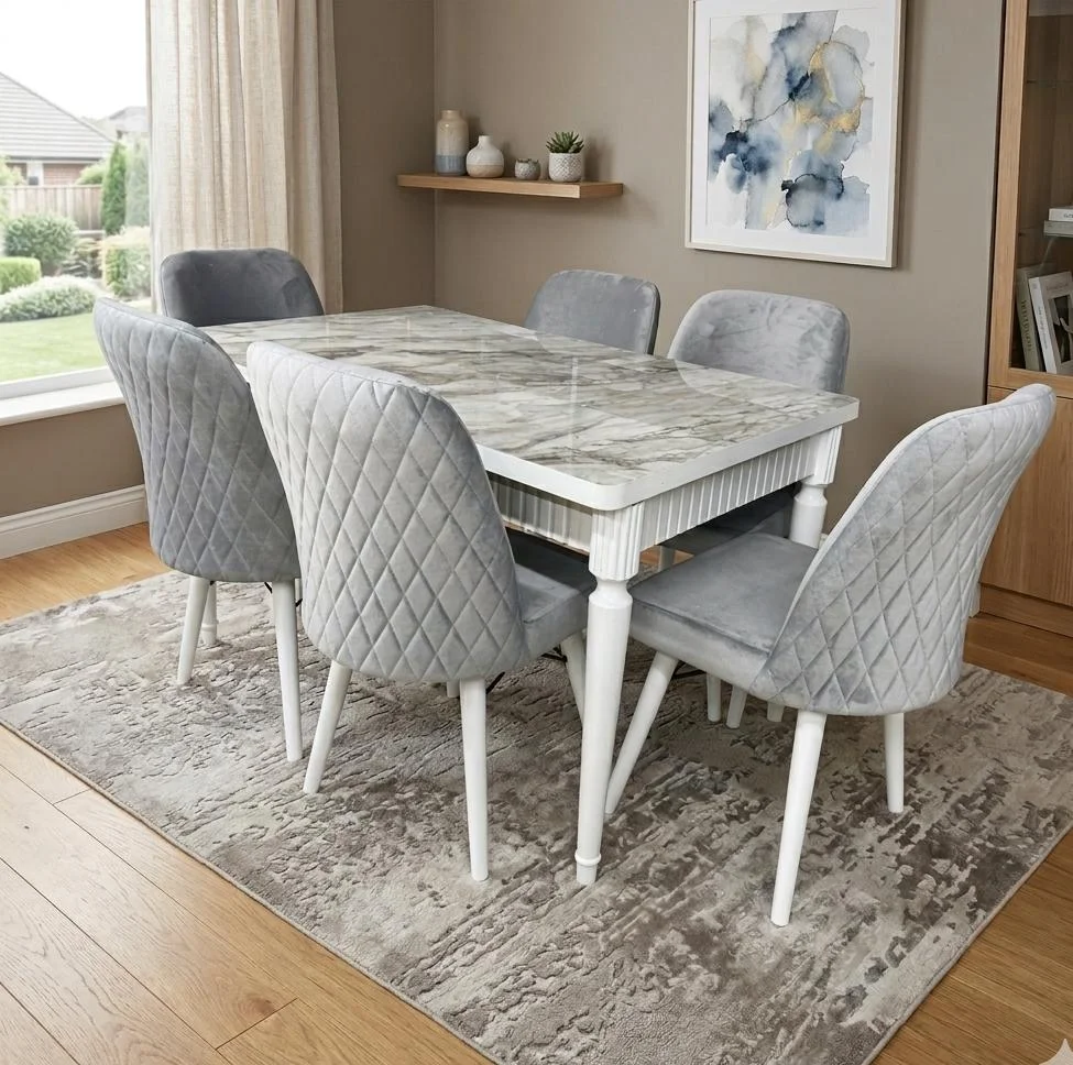 Bermuda Grey Marble Dining Table Set with 6 Chairs – Modern Wooden Dining Set UK - Dining furniture in UK