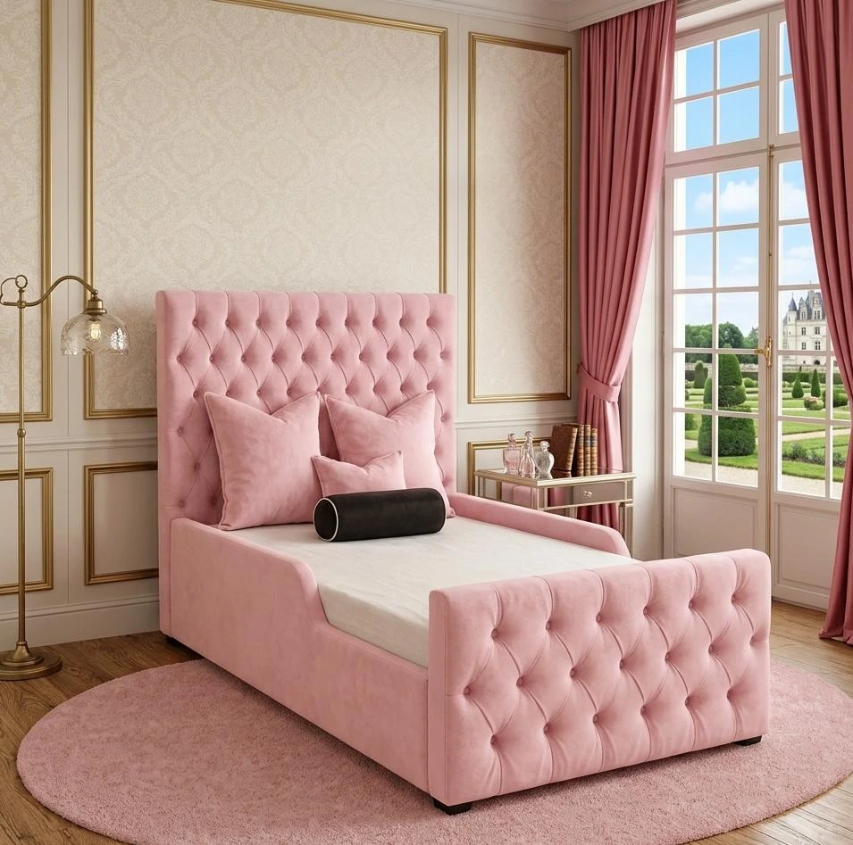 Pink Plush Velvet Hilton Chesterfield Toddler Bed With Mattress - Beds furniture in UK