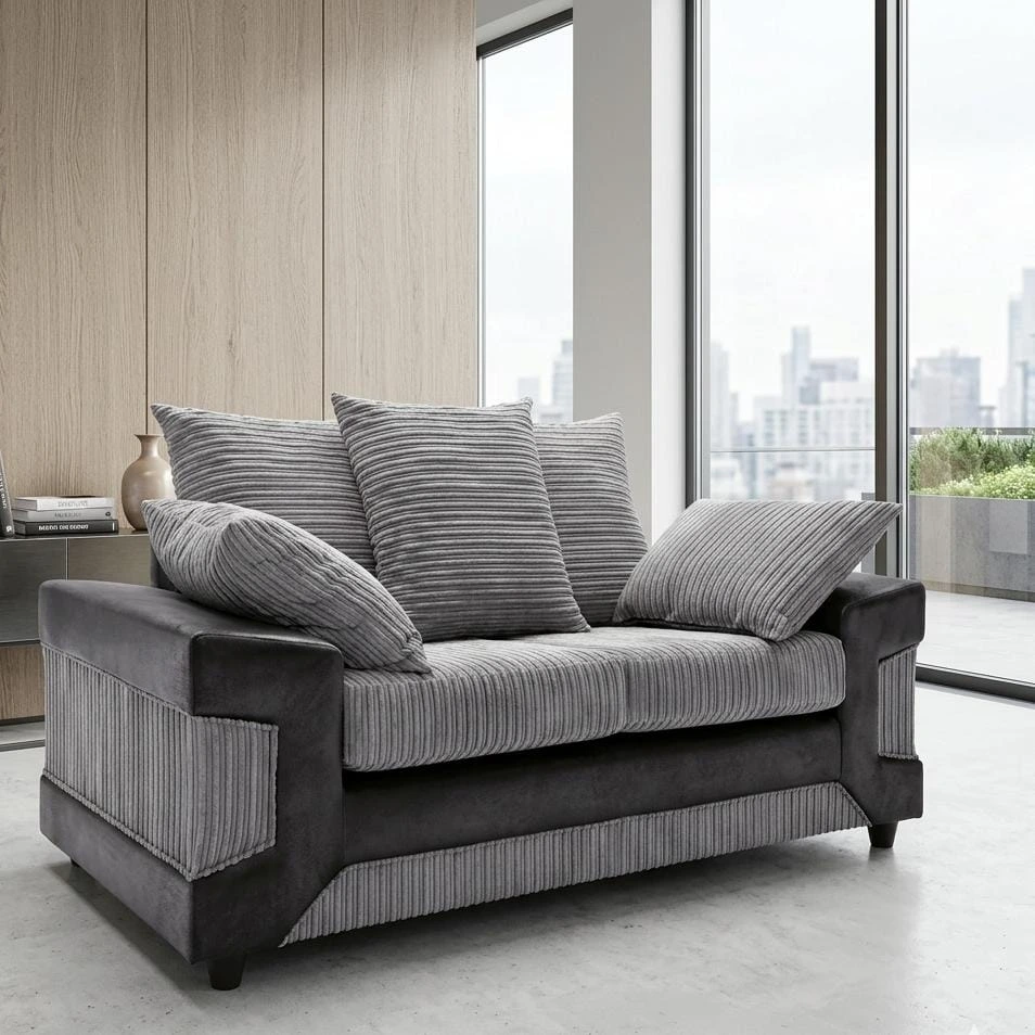 Dino 2-Seater Fabric Sofa with Scatter Back Cushions | Small Grey & Black Premium Couch - Sofas furniture in UK