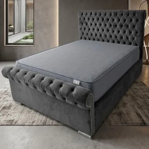 Grey Velvet Double Sleigh Bed Frame with Luxury Mattress - Beds furniture in UK