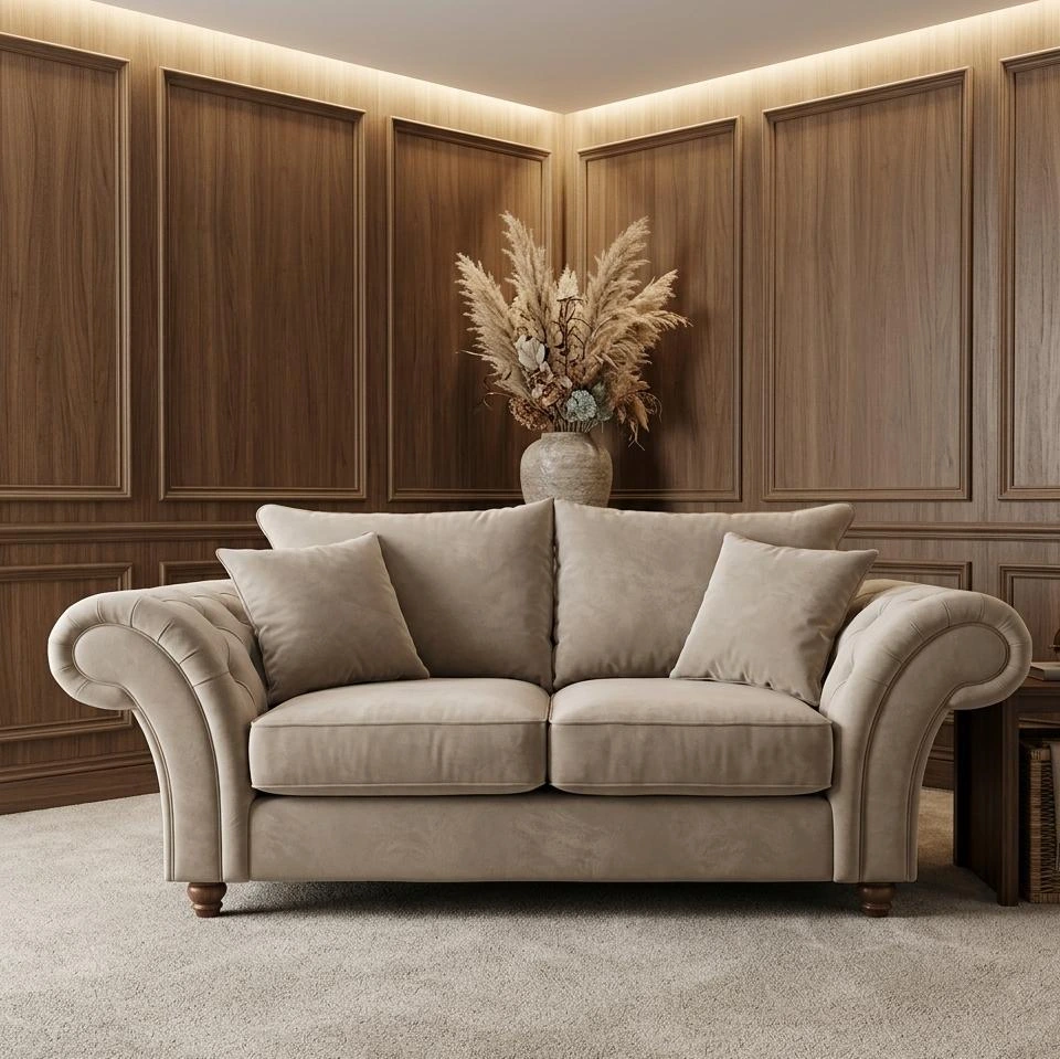 Nicole 2 Seater Sofa – Premium Beige Plush Velvet - Sofas furniture in UK