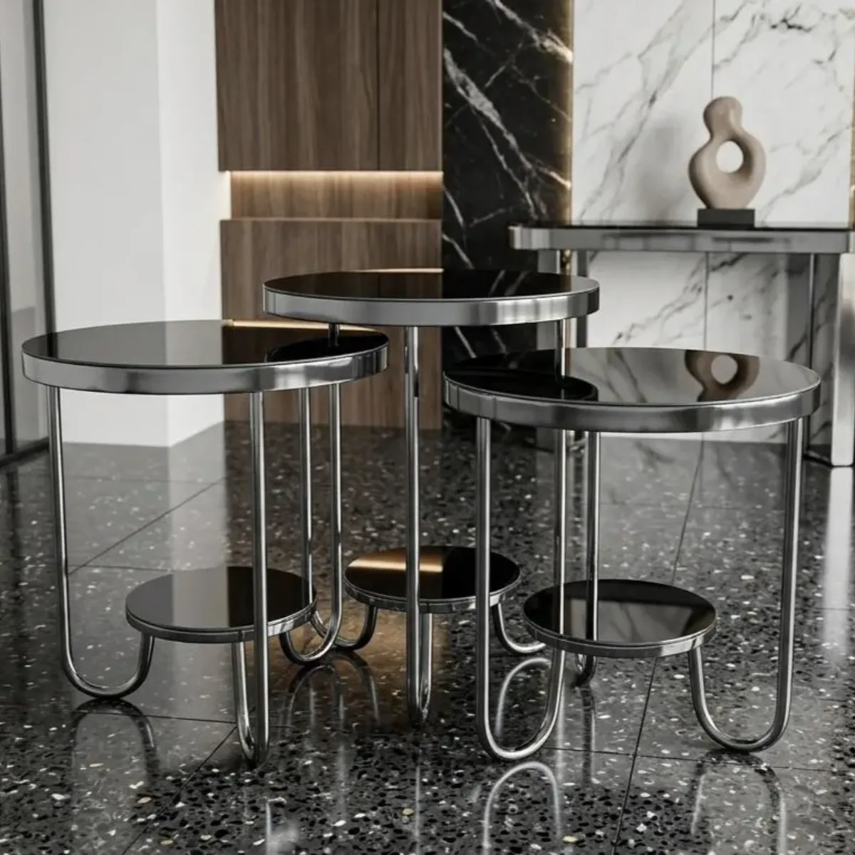 Sasa Round Black Glass Nest of 3 Tables with Silver Chrome Frame - Coffee tables furniture in UK