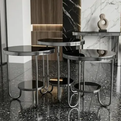 Sasa Round Black Glass Nest of 3 Tables with Silver Chrome Frame – nest of tables for the living room
